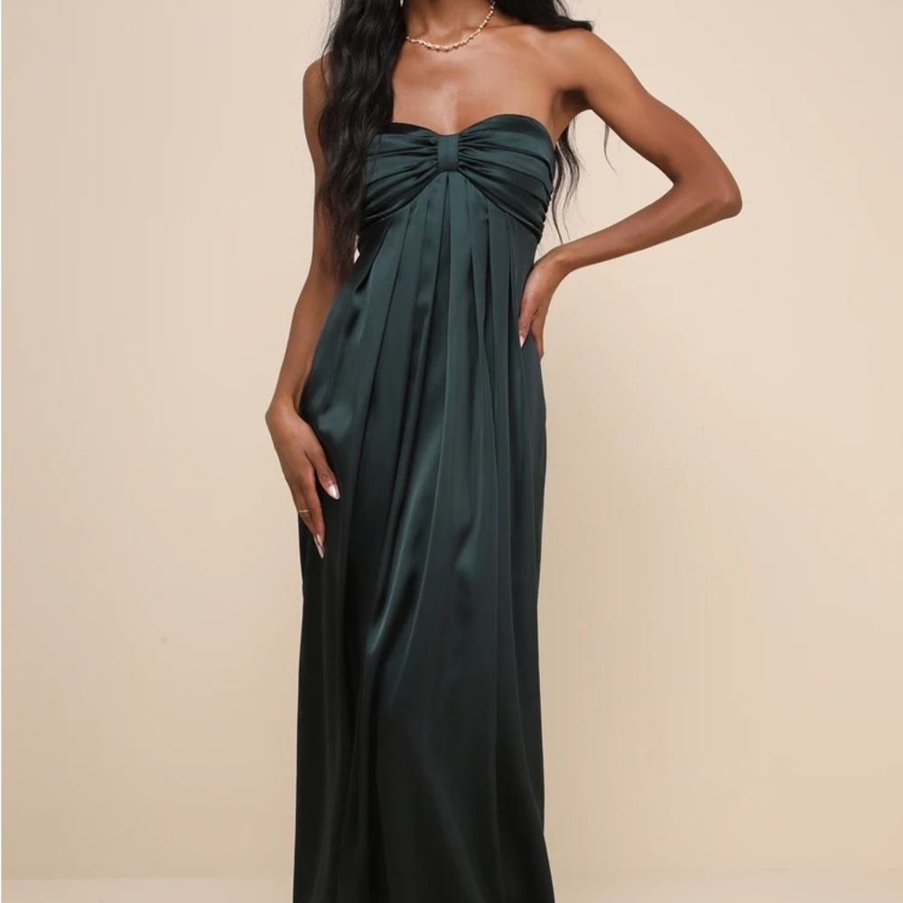 Lulu's Strapless Dark Green Pleated Maxi Dress